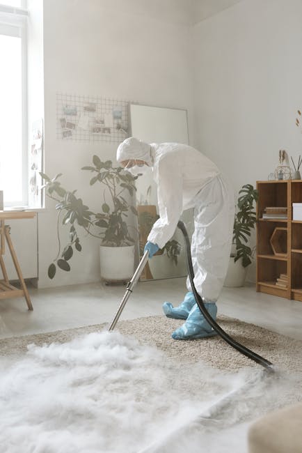 A professional cleaner from Hounslow Carpet Cleaners, dressed in a white protective suit, gloves, and a face mask, vacuuming a light-colored carpet in a bright, modern living room. The room features white walls, a large window allowing natural light, a wooden shelving unit with decorative items, and potted plants. The vacuum cleaner hose is black, and the cleaner is focusing on a beige rug, ensuring a thorough surface cleaning and sanitisation of the carpet. The scene emphasizes domestic cleaning processes aimed at maintaining hygiene and a clean living environment, consistent with the Hounslow High Street carpet cleaning guide.