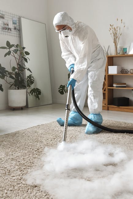 A professional in full protective gear, including a white suit, face mask, and gloves, is performing deep cleaning on a beige carpet in a modern living room. The worker holds a vacuum hose connected to a steam or extraction cleaning device, with visible steam or cleaning mist emanating onto the carpet surface. The room features a light-colored wooden bookshelf with decorative items, a large mirror propped against the wall, and a potted plant. Natural light illuminates the space, highlighting the clean, well-maintained appearance of the carpet and surroundings. This scene exemplifies thorough surface cleaning and sanitisation efforts in a domestic setting, reflecting the services offered by Hounslow Carpet Cleaners.